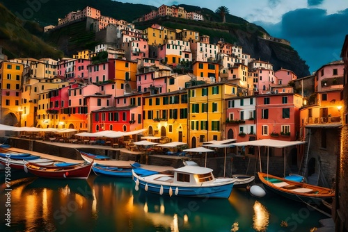A cinematic photograph of Vernazza village at sunset, with warm golden hues illuminating the colorful houses and the tranquil harbor. The high-resolution image captures  © Haleema