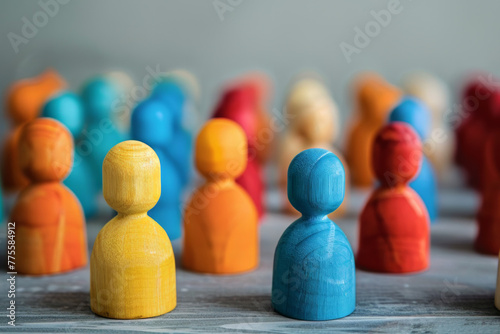 A group of small wooden figures. Corporate business team. Teamwork and community concept