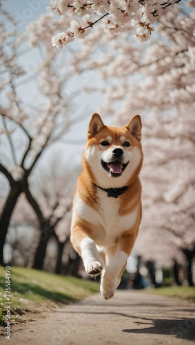 Shiba Inu dog running with happy face under sakura tree or cherry blossom tree in Japanese garden in morning. Generative AI.
