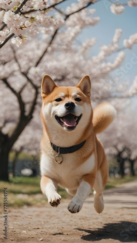 Shiba Inu dog running with happy face under sakura tree or cherry blossom tree in Japanese garden in morning. Generative AI.