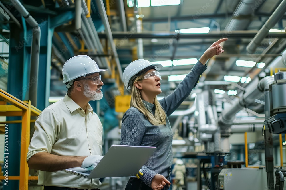 Two workers in a factory looking at a machine. One of them is pointing at something. Scene is serious and focused