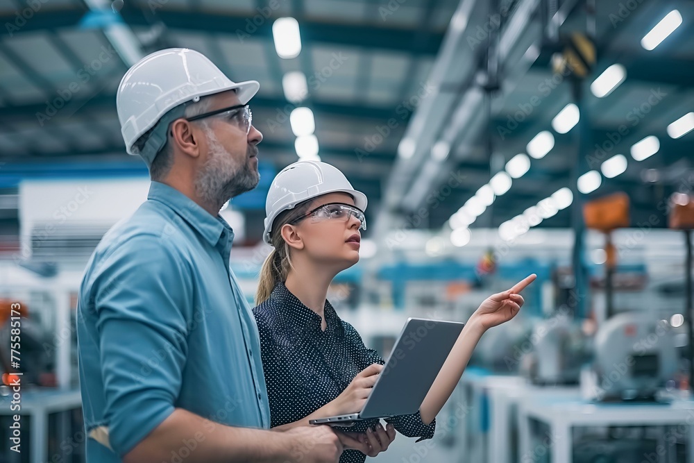 Two people in a factory, one pointing at a laptop. Scene is serious and focused Two people in a factory, one pointing at a laptop. Scene is serious and focused