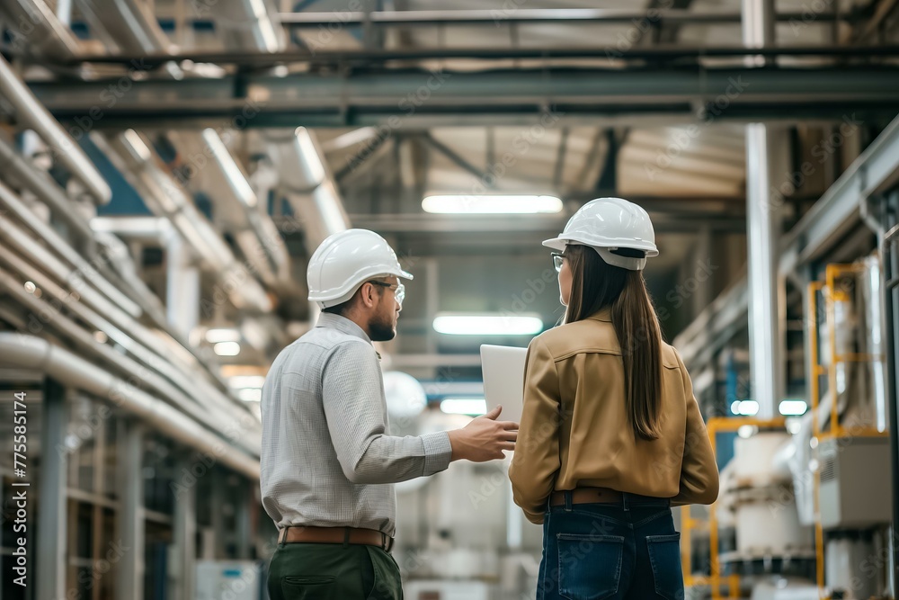 Two people in a factory, one of them holding a clipboard. Scene is serious and focused Two people in a factory, one of them holding a clipboard. Scene is serious and focused