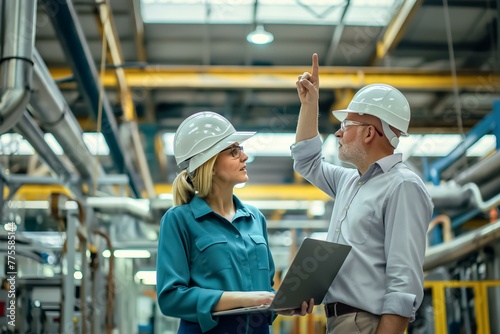 Two men and a woman are standing in a factory, one of the men is pointing at something on a laptop