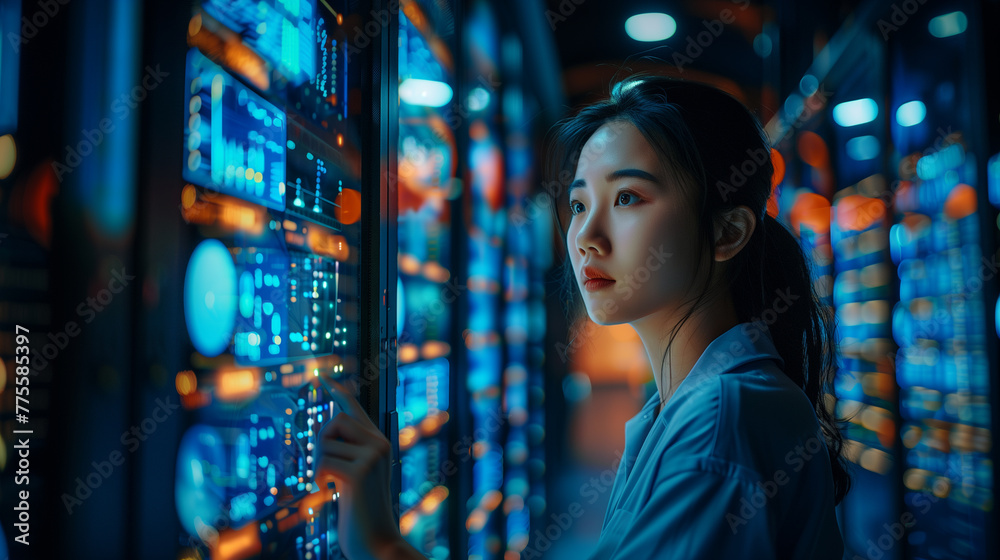 Smart asian female programer working in Data Center System Smart asian female programer working in Data Center System