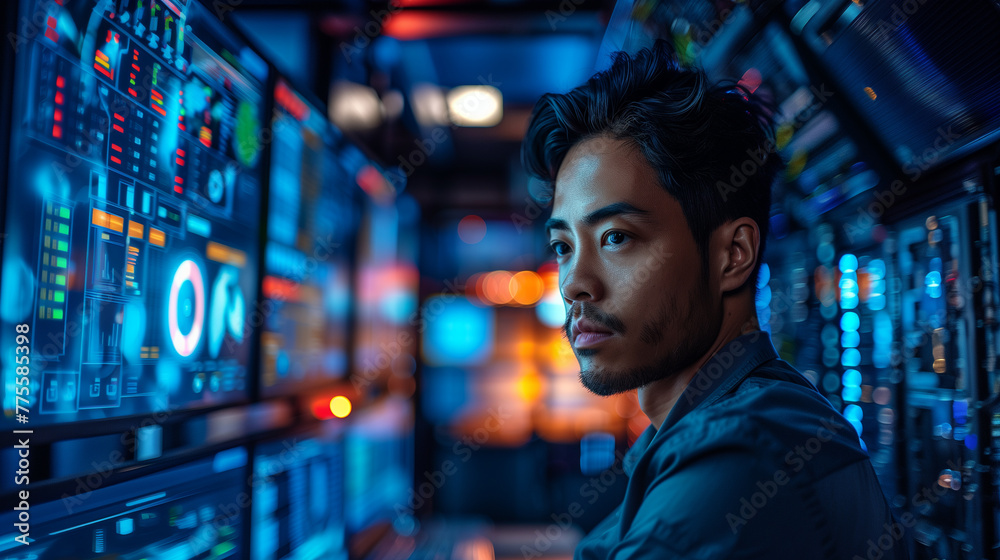 Smart asian male programer working in Data Center System