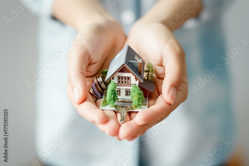 A person is holding a small house in their hands. The house is made of plastic and has a roof. The person is holding it with care and attention