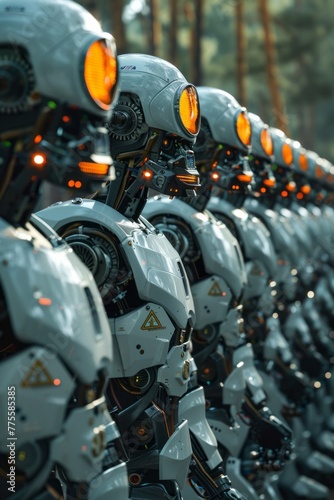 A row of industrial robots lined up next to each other, diligently working in unison. Each robot is performing specific tasks in a synchronized manner within a manufacturing facility