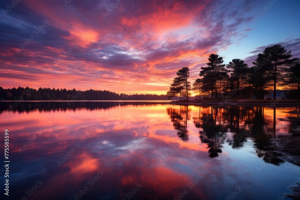 Obraz premium A tranquil lake reflects a cluster of trees standing in its waters. The trees appear to be partially submerged, creating a serene and picturesque view