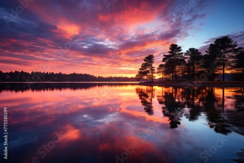 A tranquil lake reflects a cluster of trees standing in its waters. The trees appear to be partially submerged, creating a serene and picturesque view