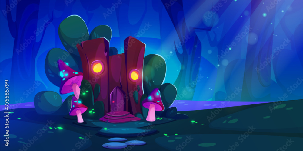 Obraz premium Fantasy fairytale gnome or animal house made from wood stump with light in windows at night. Cartoon vector magic forest landscape with tiny elf home with mushrooms and glow elements under moonlight.