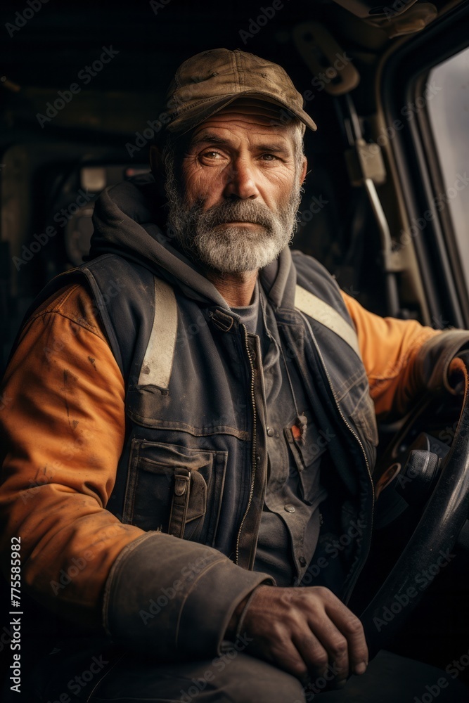A weathered-faced truck driver, identified as VetalVit A, is shown in the drivers seat of a large truck. He appears focused and ready to navigate through the wide road ahead