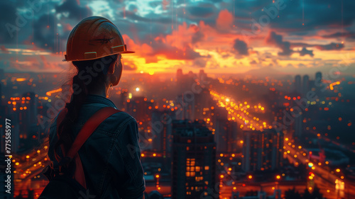 Engineer double exposure image blending the silhouette of a woman's profile with a vibrant urban sunrise over a cityscape, illustrating a connection with urban life.