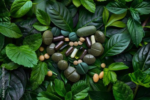 A heart made of pills and herbs is on a leafy green background
