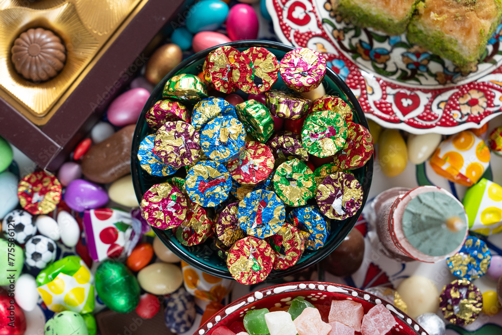 Eid Celebration Among Family with Chocolate (Çikolata ile Bayramlasma) Colorful Candy and Chocolate, Ramadan Kareem Concept Photo, Üsküdar Istanbul, Turkiye (Turkey)