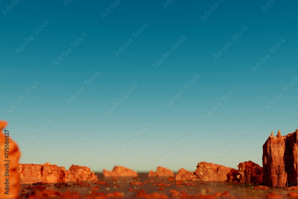 3d render Planet Mars like landscape desert cliff canyon blue sky above for product mockup presentation background