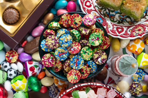 Eid Celebration Among Family with Chocolate (Çikolata ile Bayramlasma) Colorful Candy and Chocolate, Ramadan Kareem Concept Photo, Üsküdar Istanbul, Turkiye (Turkey)