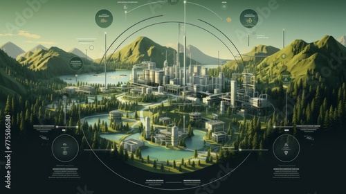 a tree is over a mountainside with some forest landscapes and buildings on it infographic illustration esztergom, in the style of futuristic spacecraft design, national geographic photo, circular shap
