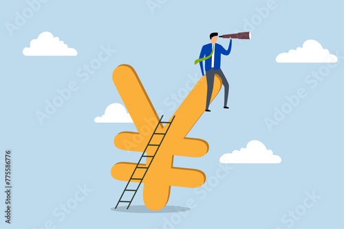 Japan economic vision and forecast, businessman climbing ladder using Japanese yen sign with telescope to see vision of the future