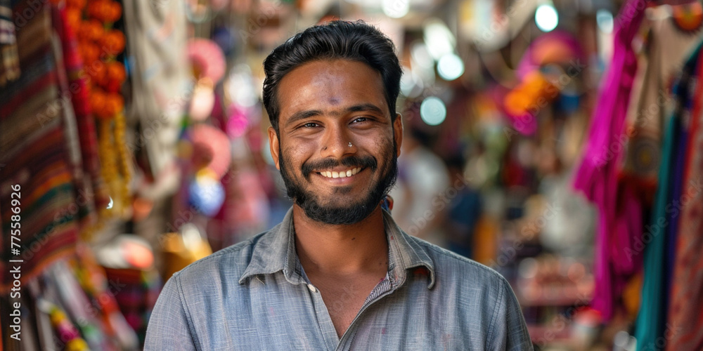Smiling friendly adult Indian man in a colorful market, representing local market business, cultural richness community customer service. Welcome travelling small business. Copy paste place for text Smiling friendly adult Indian man in a colorful market, representing local market business, cultural richness community customer service. Welcome travelling small business. Copy paste place for text