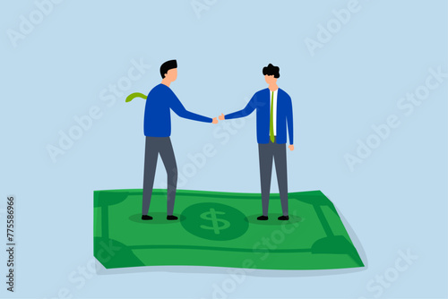 Salary negotiation, businessmen shaking hands with stack of banknotes after deal.