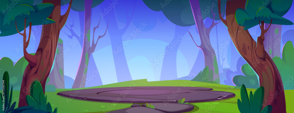 Fototapeta premium Arena field in forest with tree and grass nature landscape. Summer cartoon podium in outdoor park environment. Adventure game foliage panorama wallpaper with glade for battle. Fantasy scene design