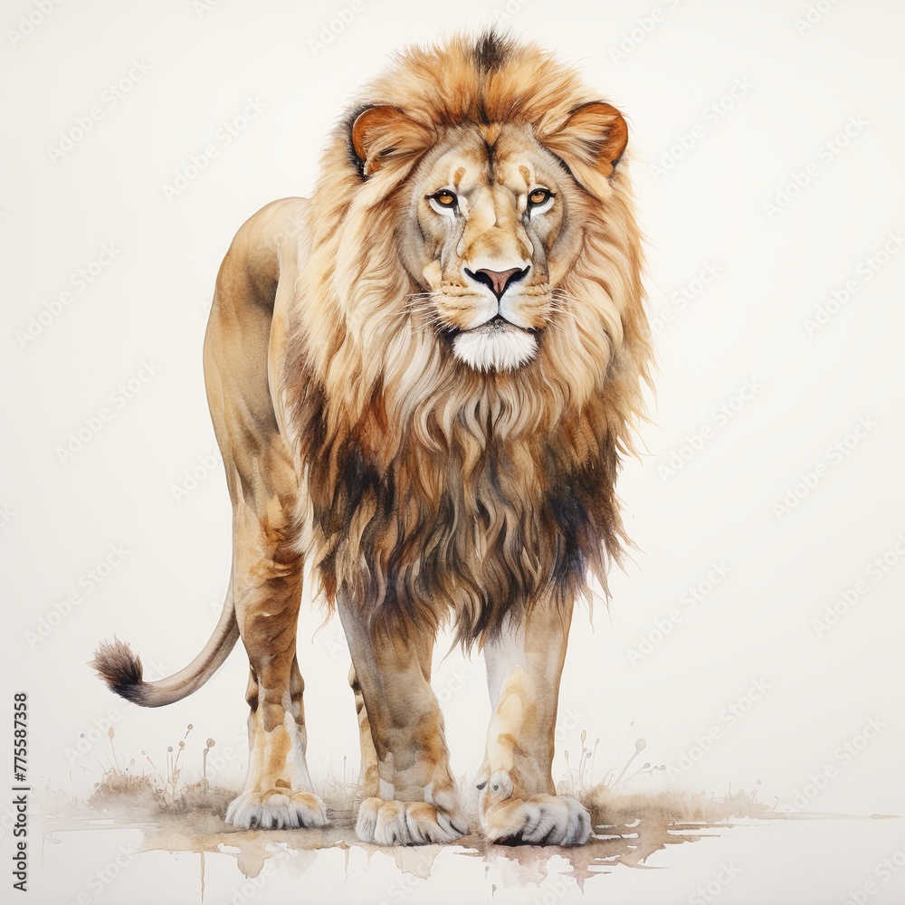 A standing male lion watercolor clipart illustration on white background