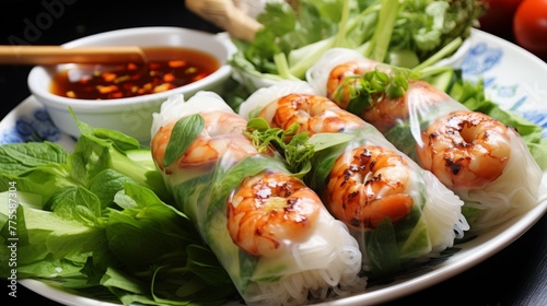 Fresh and delicious Vietnamese spring rolls with shrimp, herbs, and rice noodles