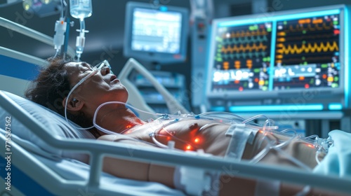Patient in intensive care unit with monitors and medical equipment