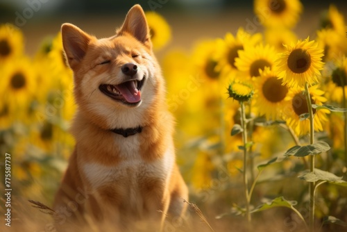 A happy dog in a field of sunflowers