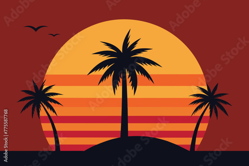 Fototapeta Naklejka Na Ścianę i Meble -  Palmetto Summer Sunset vector, Palm tree on abstract tropical print. Orange silhouette