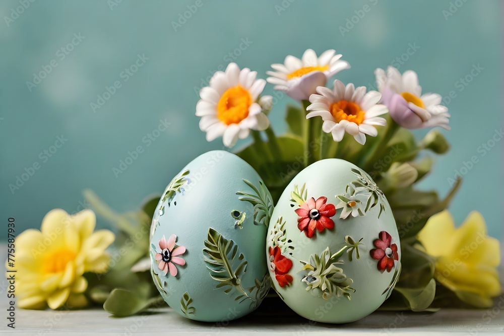 colorful  easter eggs with flowering branches ,light pink background , easter card background 