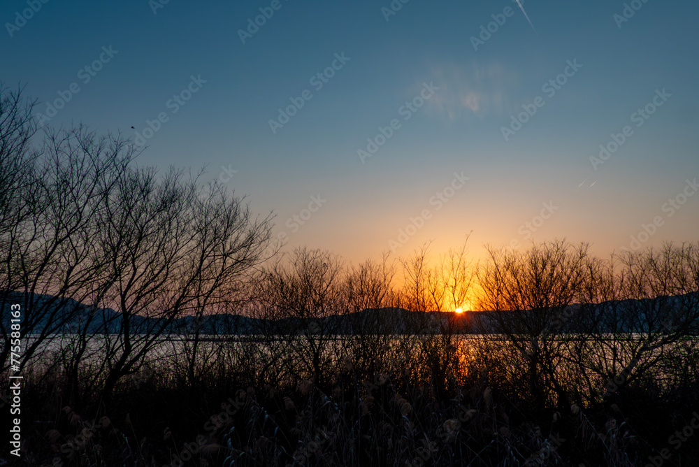 琵琶湖の夕焼け 夕陽 サンセット オレンジに染まる湖 滋賀県草津市 琵琶湖の夕焼け 夕陽 サンセット オレンジに染まる湖 滋賀県草津市