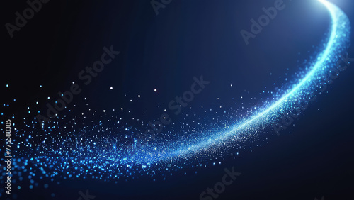 A beautiful luxurious blue light flashes and a trail curve of layers of sparkling particles flows upwards. ball tunnel for the Oscar awards ceremony. Digital art. Present day background. 