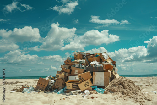 A pile of trash on a beach with a blue sky in the background © mila103