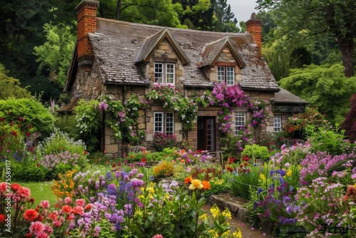 House Surrounded by Flowers in a Garden