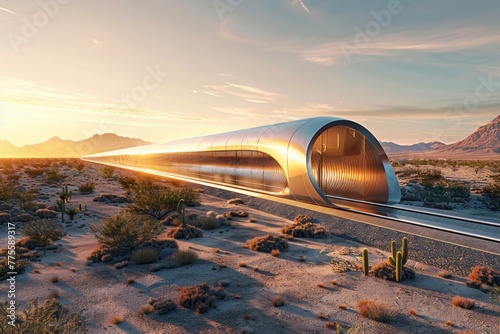 A long train is traveling through a desert photo