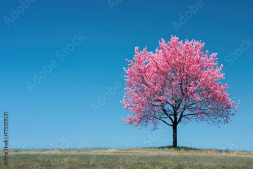 A tree with pink blossoms stands in a field of grass