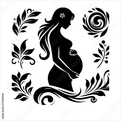 Black silhouette of a pregnant woman with straight hair. Vector illustration © MdTanvir