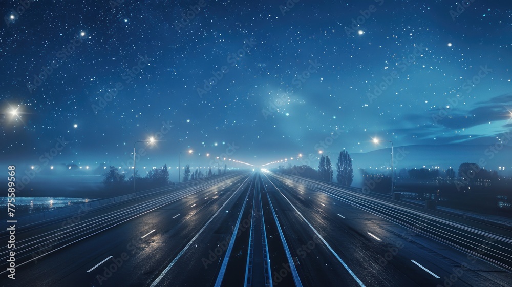 A road with a lot of lights and stars in the sky