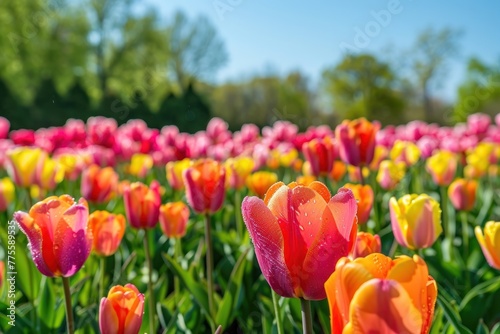 A field of flowers with a mix of pink and yellow flowers