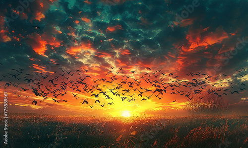 Twilight sky teeming with a flock of birds in flight AI-generated Image