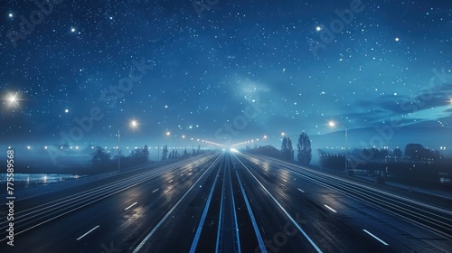 A road with a lot of lights and stars in the sky