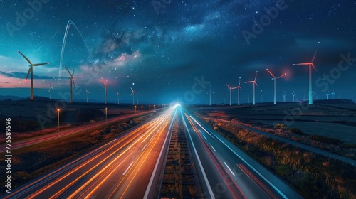 A highway with a long line of cars and a sky full of stars photo