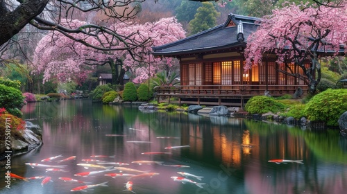 A serene pond with a house in the background photo