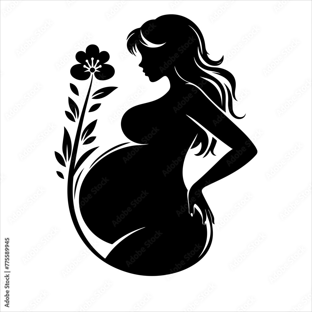 Black silhouette of a pregnant woman with straight hair. Vector illustration