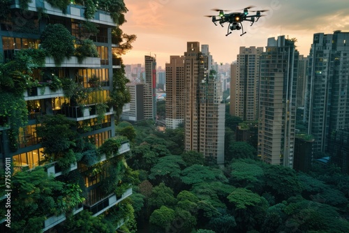 A drone is flying over a city with tall buildings and green trees