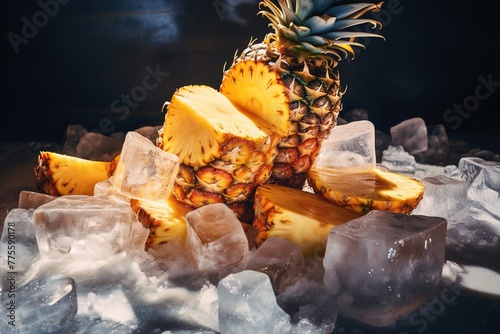 Slices of pineapple from a whole pineapple , leaves and ice in a saucepan. On the stone table. Free space for text . Top view.
