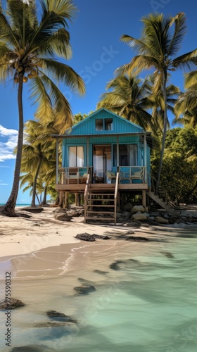 Beach hut on a tropical island with palm trees