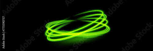 Green glowing shiny lines effect vector background. Luminous white lines of speed. Light glowing effect. Light trail wave, fire path trace line and incandescence curve twirl.